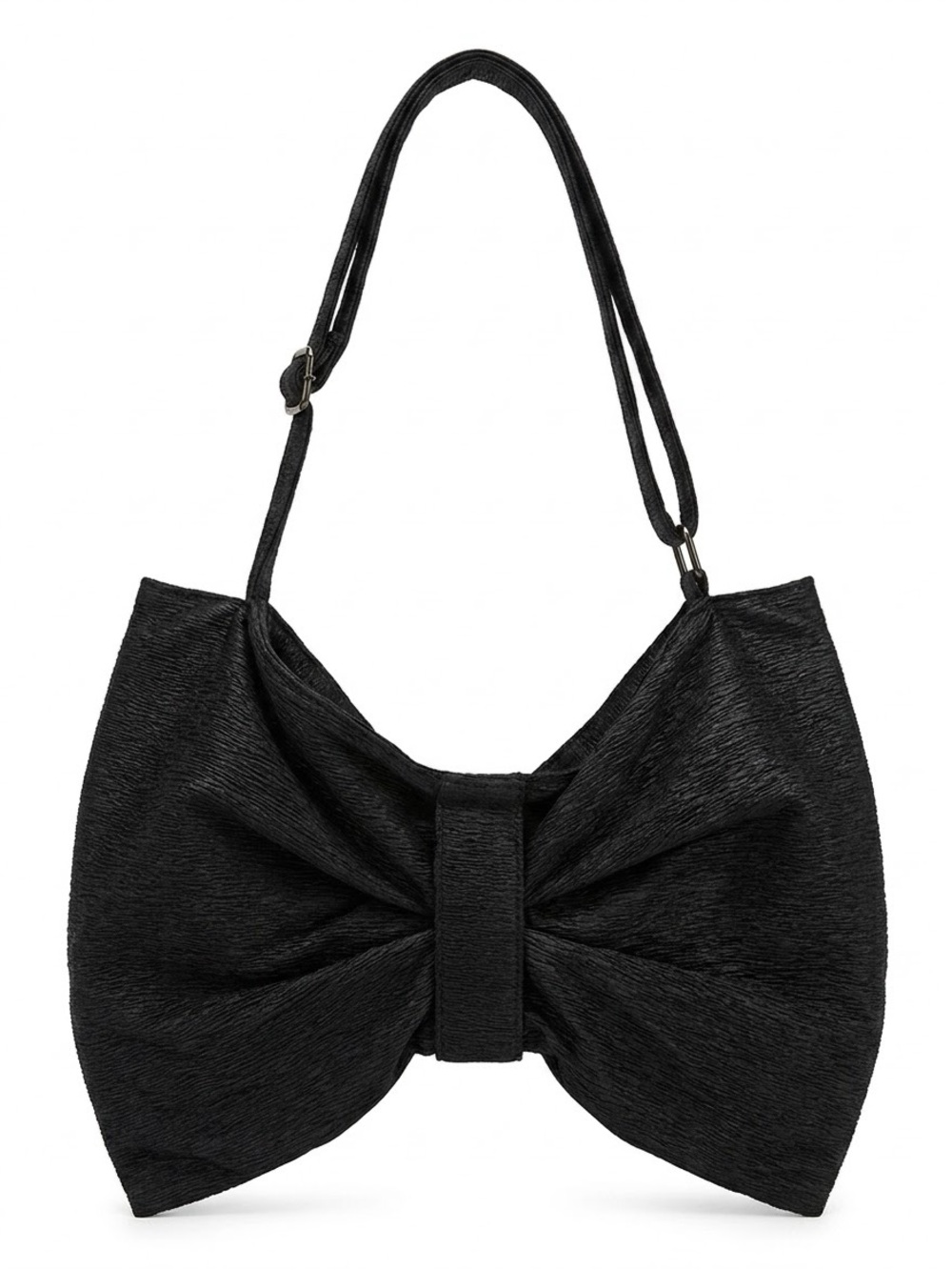 Boutique Shiny Chiffon Satin Crepe Textured Bow Clutch Crossbody Bag Purse Black